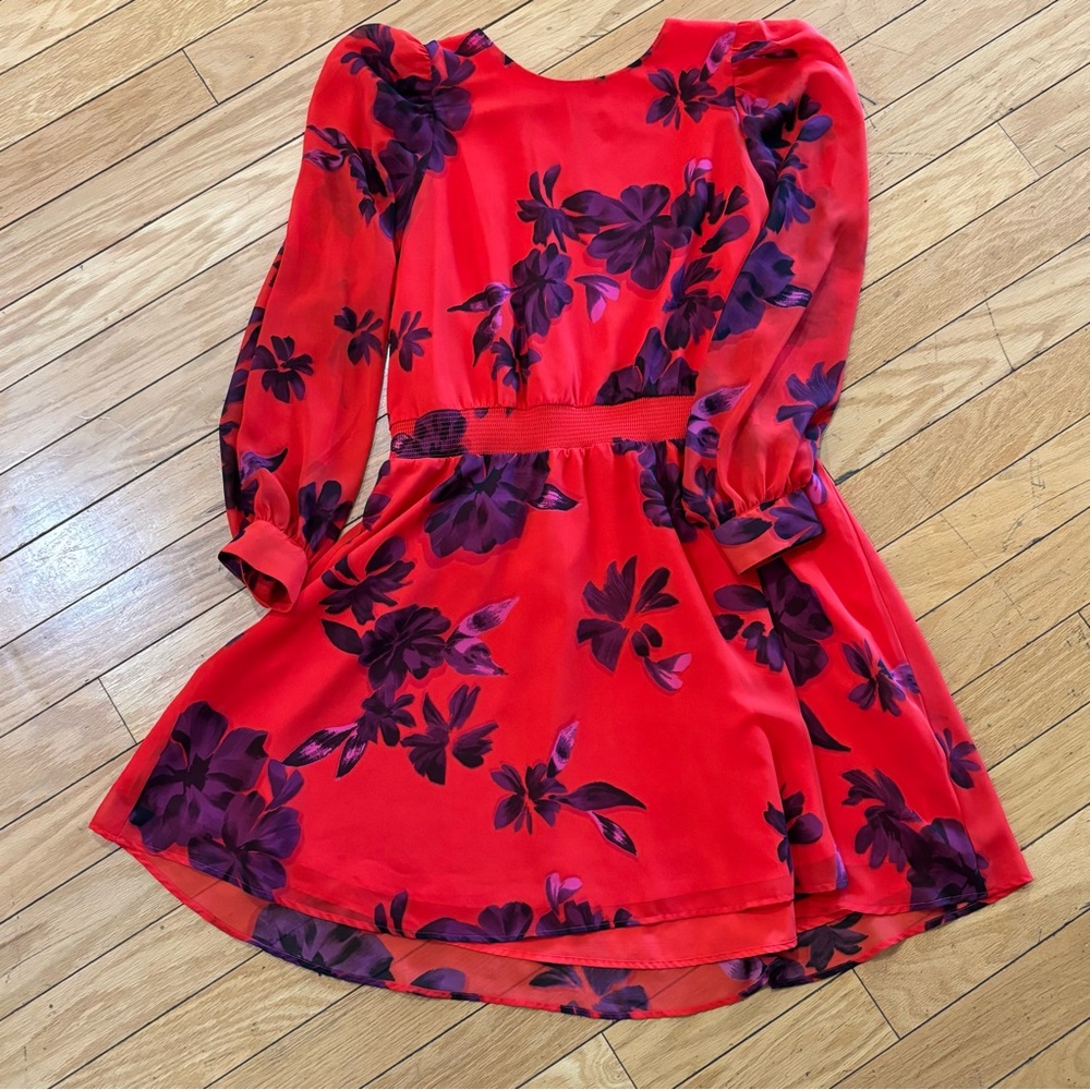 Red Floral Long Sleeve Dress with Purple Print